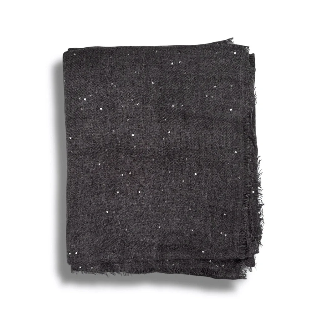 🆕💕Venetta Cashmere Scarf Sheer Sequins & Frayed Edges • DRK GREY • UNISEX • NWOT - Picture 2 of 5